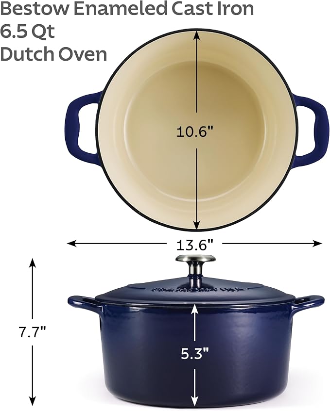 Tramontina Bestow Enameled Cast Iron 6.5-Qt Round Dutch Oven Pot with Lid | Great for Braising, Roasting and Bread Baking - Blue