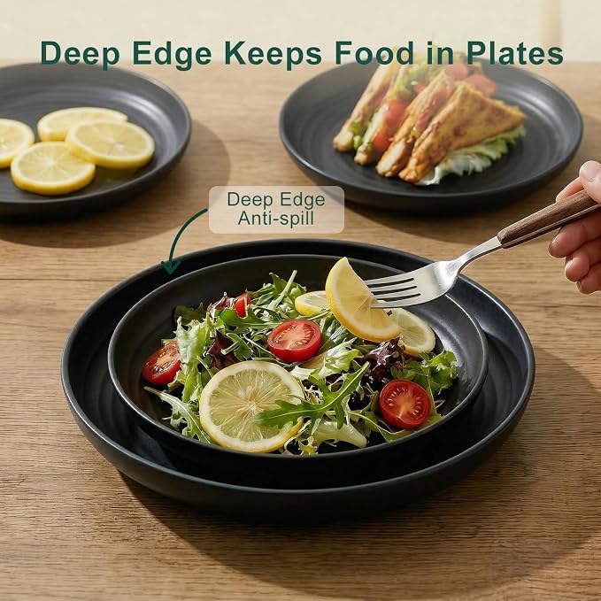 Plates and Bowls Sets for 8, Wheat Straw Dinnerware Sets 40 Piece, Unbreakable & Lightweight Dishes Set for 8, Microwave Safe Kitchen Dishes, Kitchen Essentials for New Apartment - Black