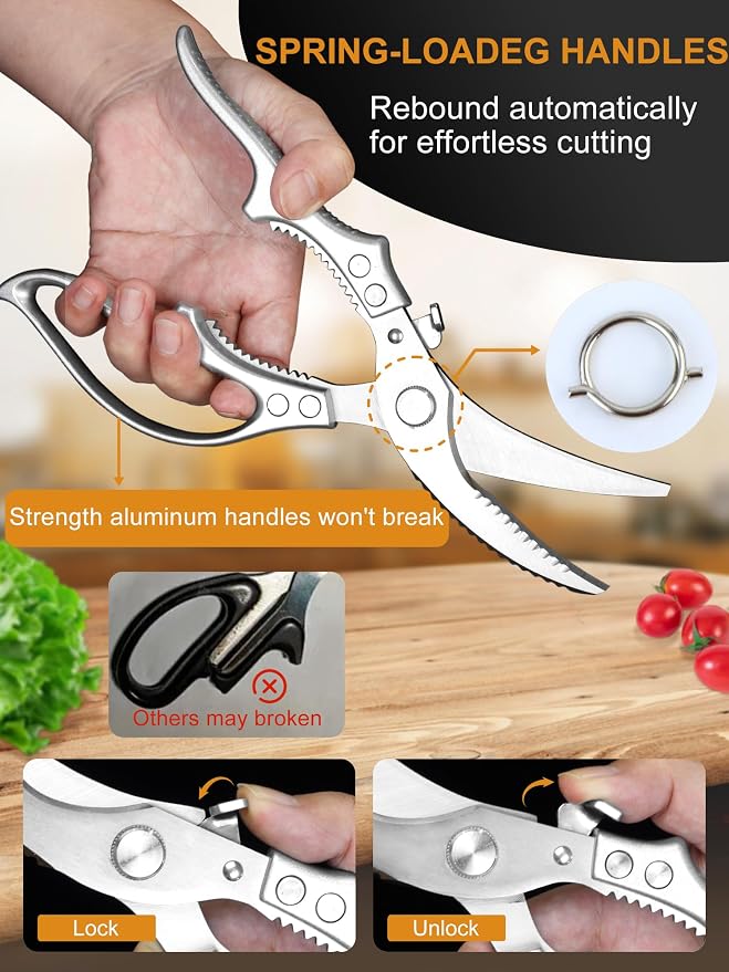 2 Pack Kitchen Shears, Heavy Duty Poultry Shears with Non-Slip Handle & Safety Lock, Spring Loaded, All Purpose Kitchen Scissors for Food, Meat Cutting, Chicken, Fish, Vegetables