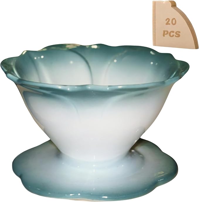 Ceramic Pour Over Coffee Dripper Flower Shape V60-01 (Jade) | 20Pcs filters included, Wide base fits most mugs, Sturdy quality ceramic, Balanced taste coffee brew