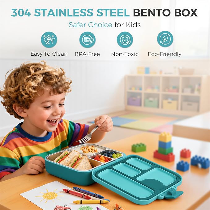 Kids Stainless Steel Bento Lunch Box, 4 Compartments | Leak-Resistant 4 Cups Lunch Container for Ages 4+ with Easy-Open Latch, Removable Seal & Meal Feedback Icon