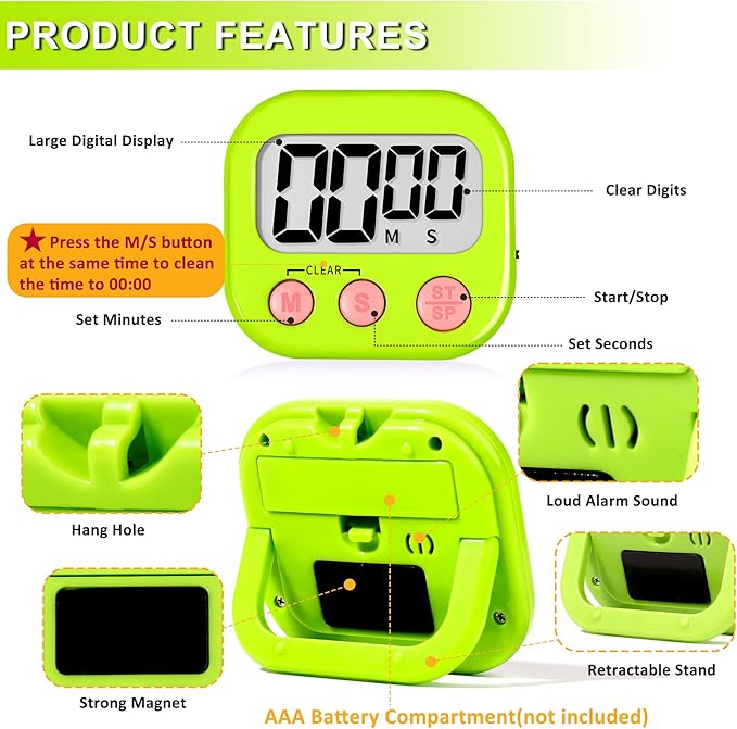 ZILLEEN Classroom Timer for Kids Teachers 6 Pack Digital Timers | Strong Magnetic, Large Screen, Big Button, Teacher Classroom Must Haves Kitchen Timers for Cooking Egg Exercise Study