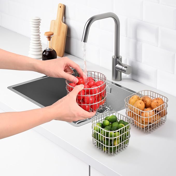 304SS Fruit Basket 2.5L Kitchen Storage Colander Produce Holder | 304 stainless steel, rust-resistant, breathable mesh, quick drainage, versatile countertop organizer, compact modern, durable
