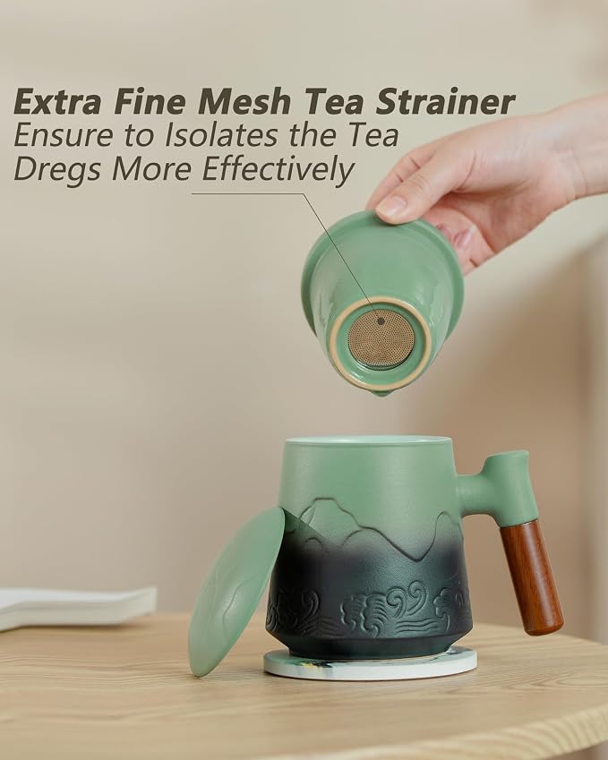 ZENS Tea Infuser Mug with Lid & Coaster, 15oz Loose Tea Diffusers, Moss | Embossed Ceramic Tea Cup with Infuser for Loose Leaf Tea Steeper, Tea Lovers Gifts, Nature Wood Handle
