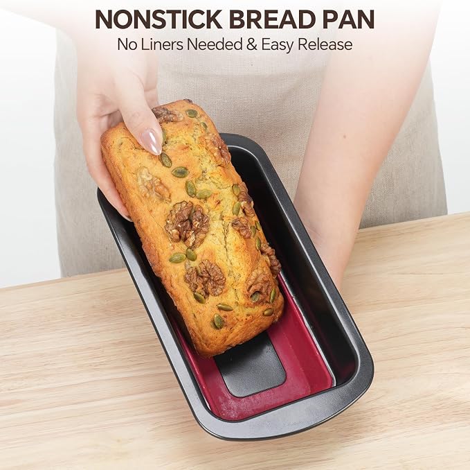 Loaf Pan Set of 2, Nonstick 1 lb Banana Bread Pan, Pop-Out Bottom | Bread Pans For Homemade Bread, Sandwich, Pound cake, Meatloaf, 8.5 x 4.5 IN, Black & Red