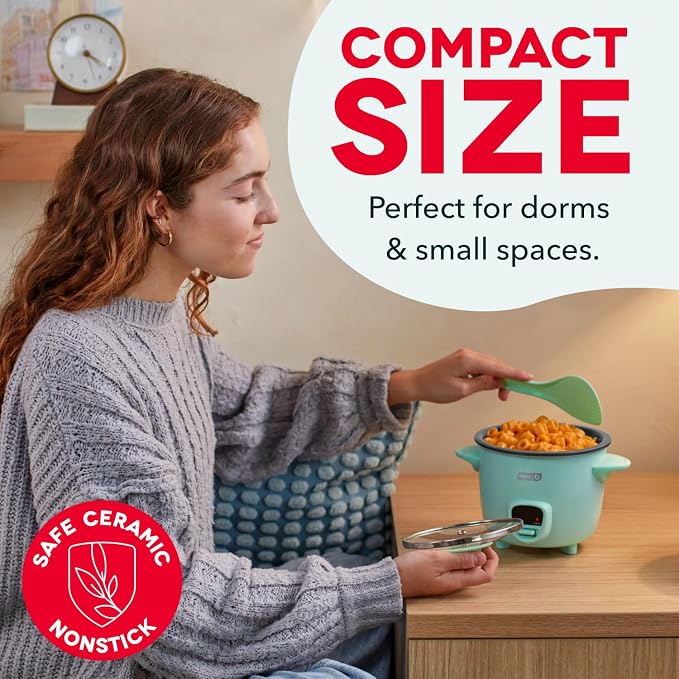 Dash Mini Rice Cooker, 2-Cup Removable Ceramic Nonstick Pot, Aqua | Small Rice Cooker, Rice Maker for One, Keep Warm Function, Cooks Oatmeal, Quinoa & Grains