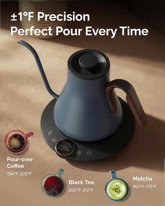INTASTING Gooseneck Electric Kettle, ±1℉ Temperature Control, Stainless Steel Inner, Quick Heating, for Pour Over Coffee, Brew Tea, Boil Hot Water, 0.9L (Navy Blue)