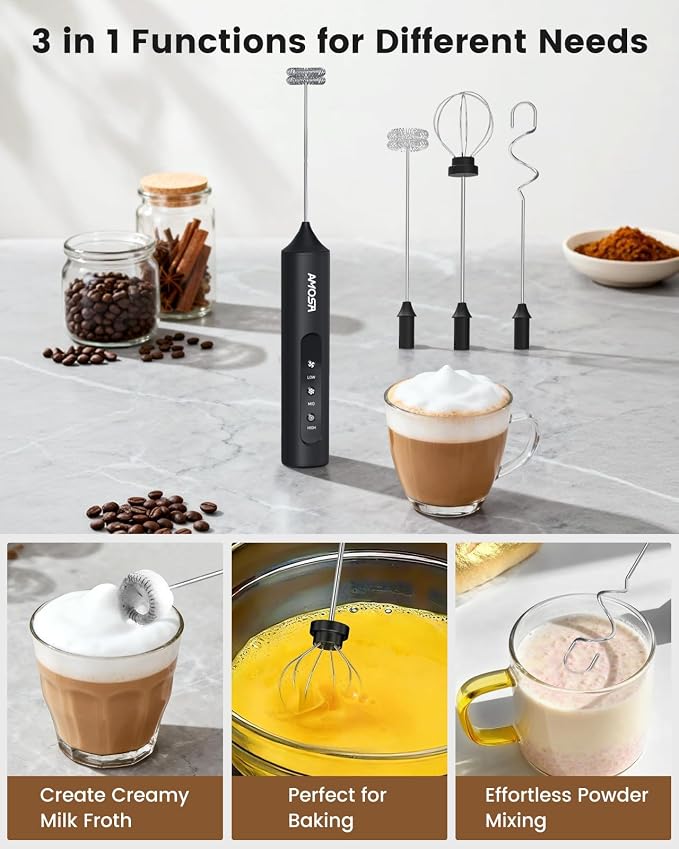 AMOSA Milk Frother Handheld with Stand & Case, 3-Speed & 3 Whisks | Rechargeable Handheld Milk Frother Wand for Latte, Milk, Cream, Egg, Coffee, Cappuccino