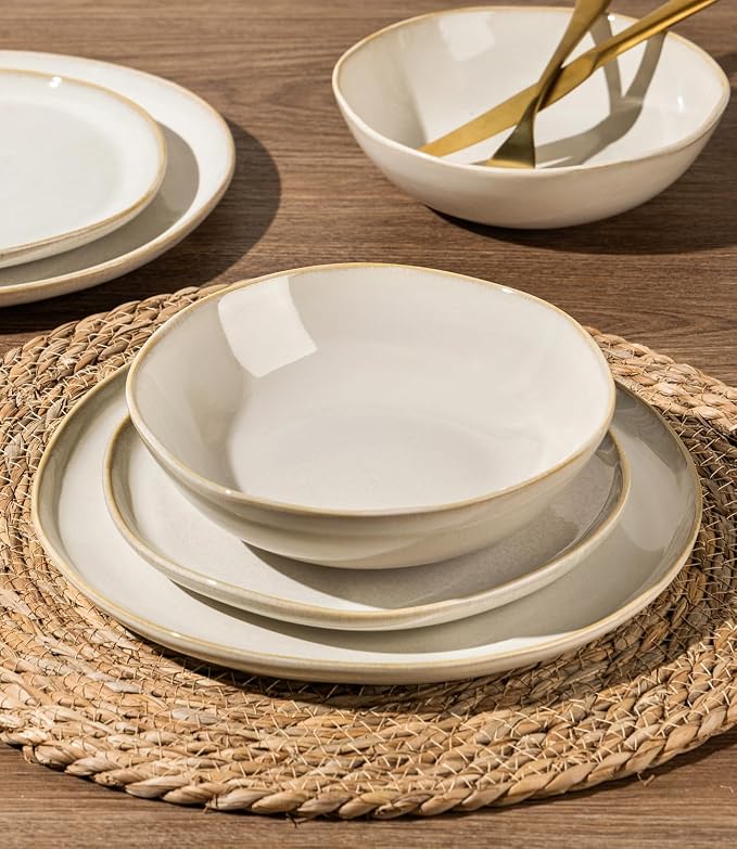 GBHOME Stoneware Dinnerware Sets for 8,24 Piece Rustic Plates and Bowls Set | Earthenware Handmade Reactive Glaze Plate Sets, Chip Resistant Ceramic Dishes, Microwave & Dishwasher Safe, Vanilla Cream