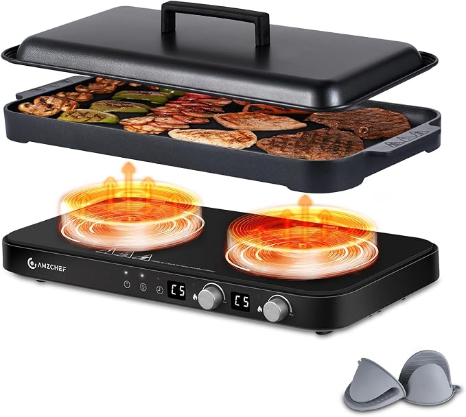 AMZCHEF Double Induction Cooktop with Removable Griddle Pan Non-stick,Black | 1800W 2 burner Portable Induction Stove With Sensor Touch 9 Power Levels, 99 Min Timer, Child Lock, Suitable for Kitchen, BBQ