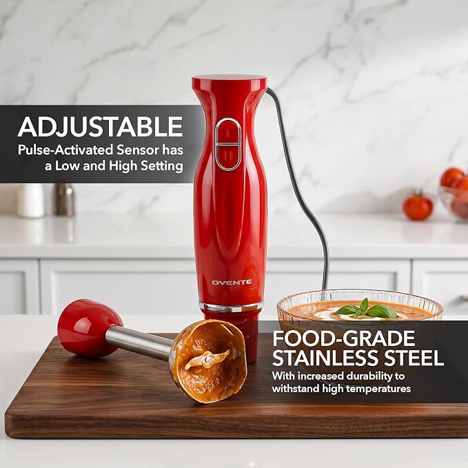 OVENTE Electric Corded Hand Blender, 300W with 2 Mixing Speeds Red HS560R | Handheld Immersion Stick Mixer with Stainless Steel Blades for Smoothies, Purees & Baby Food