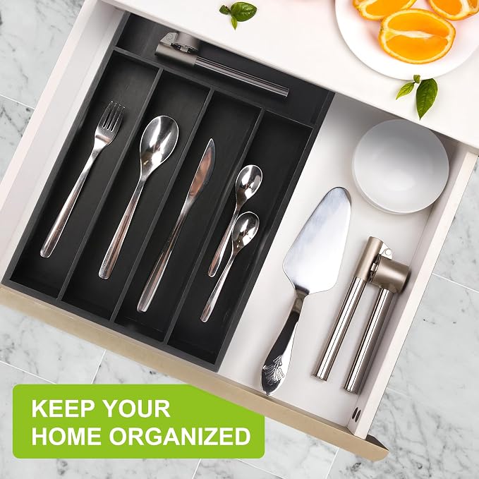 Unibambou Bamboo Silverware Drawer Tray, Kitchen Flatware Organizer, Black | 5 slots kitchen storage tray, Natural Bamboo Material, Perfect organizer for flatware cutlery utensils, 9.8"W x 13.8"D x 2"H