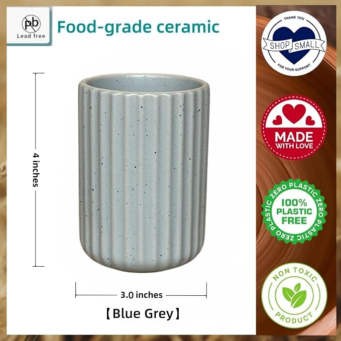 TOPYOKK Stoneware Coffee Bar Utensil Holder Tea & Coffee Spoon & Stirrer Holder for Stir Stick Straw Teaspoon Holder Espresso Spoon Cup Small Utensil Jar Fluted Vertical Stripe (Speckled Blue Grey)