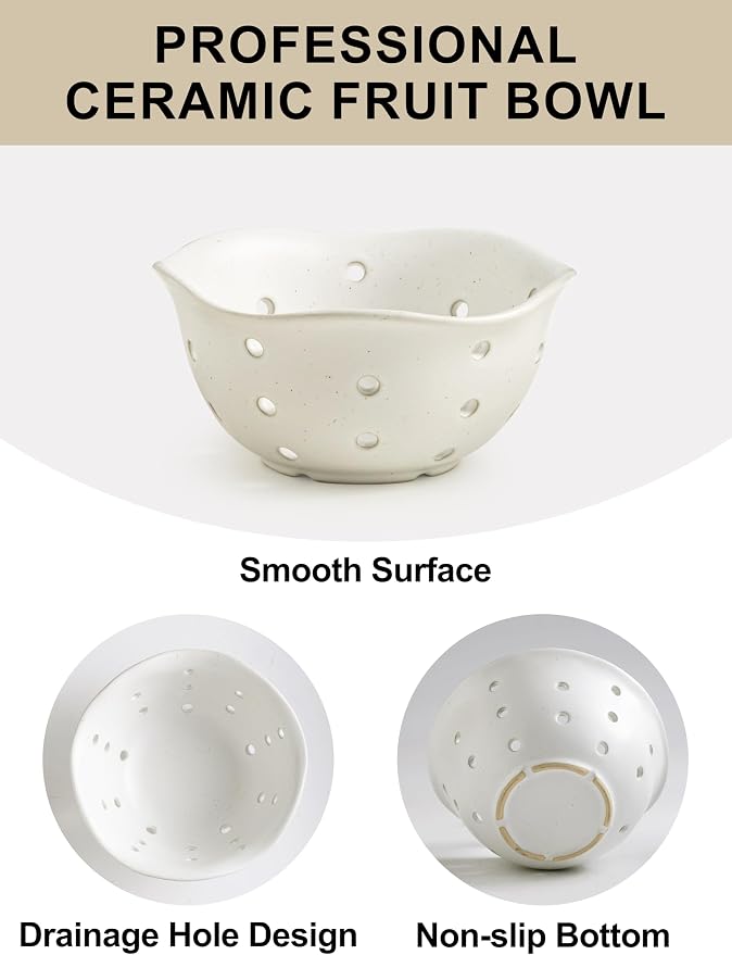 Gomakren Ceramic Berry Basket Set of 2, Rustic Fruit Basket Container 6 Inch, Fruit Bowl with Holes for Kitchen, Berries, Strawberry, Grape, Cherry, Floral Shape - Cream White
