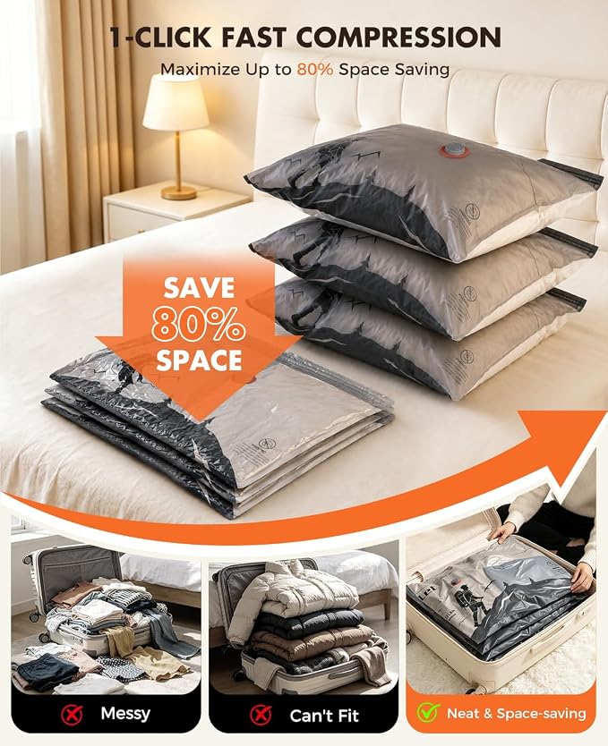 Vacuum Storage Bags with Electric Pump, 60kPa Vacuum Seal Bags for Clothing Devices, Travel Bags with Portable Cordless Pump Included, Compatible with Bags 15 Small Set