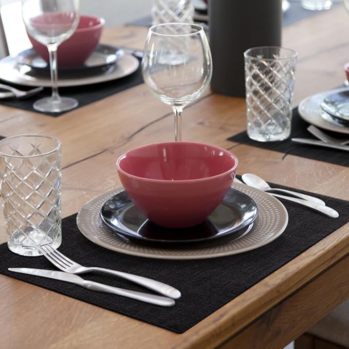 Faux Cotton Linen Placemats Set of 6, Cloth Washable Farmhouse Dining Table Mats for Indoors & Outdoors, Easy to Clean, Black, 13 x 19 Inch