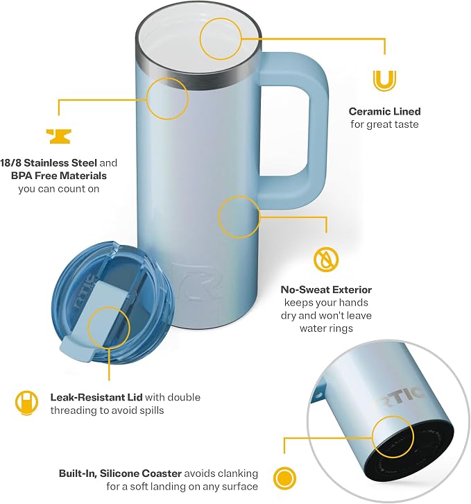 RTIC 20oz Road Trip Travel Mug with Lid and Handle, Ceramic Lined, Insulated, Stainless Steel, Metal, Double Wall Vacuum-Insulation, Portable Coffee, Tea Cup for Hot and Cold Drink, RTIC Ice Glitter