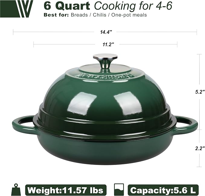 Cast Iron Enameled Dutch Oven Pot with Lid for Bread Baking, Bread Oven, 6 Quart, Dark Green