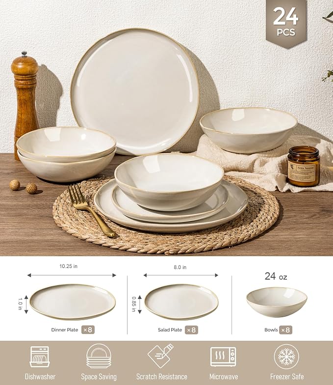 GBHOME Stoneware Dinnerware Sets for 8,24 Piece Rustic Plates and Bowls Set | Earthenware Handmade Reactive Glaze Plate Sets, Chip Resistant Ceramic Dishes, Microwave & Dishwasher Safe, Vanilla Cream