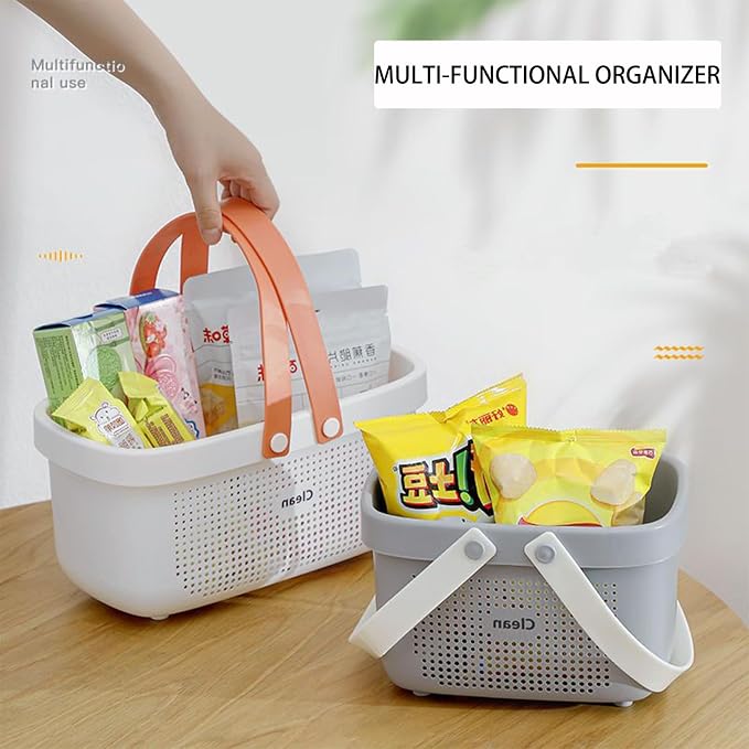 Portable Shower Caddy Basket with Handles Plastic Storage Basket Small Grey | Sturdy Drainage Large Capacity Organizer Basket with Silicone Handles for Bathroom Kitchen Bedroom College Dorm Essentials