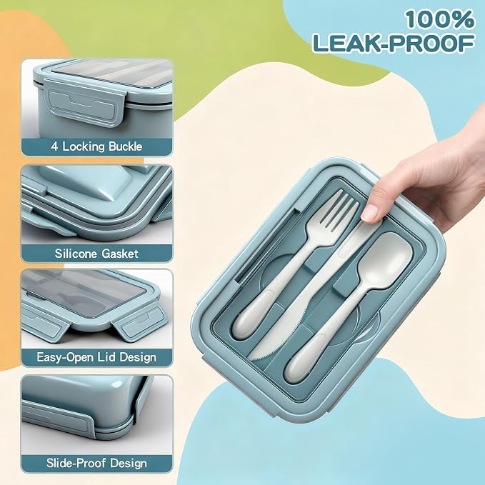 1100ml Bento Box with Bag, Leak Proof with Utensil &Sauce Box Blue | Includes lunch bag, spoon, fork, sauce box,BPA-free & dishwasher safe,For adults.child, school, work, office, travel, picnic