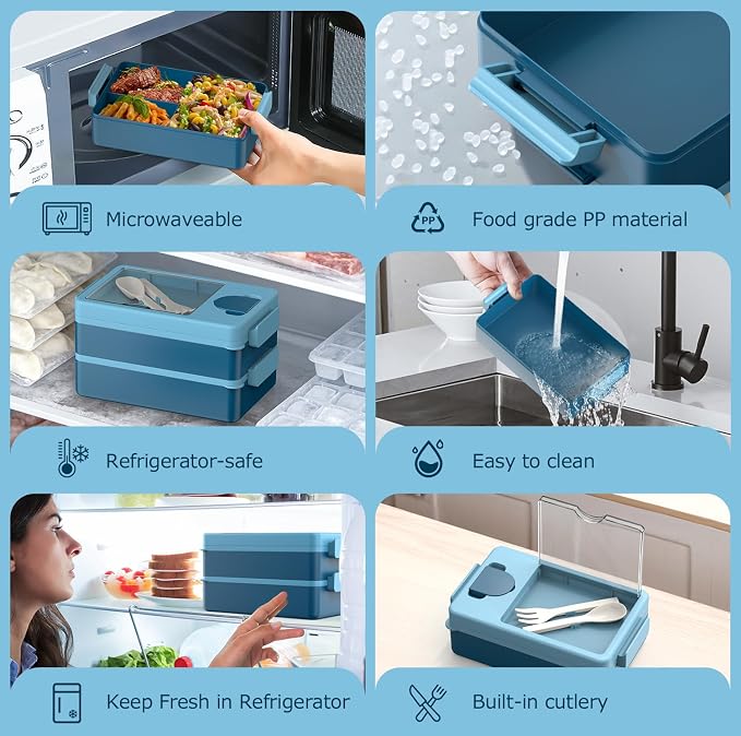 Sitlais Bento Box for Adults, 67oz 2-Layer Stackable Lunch Box with Bag | Leakproof, microwave safe and BPA-free; includes sauce cup and utensils for work, travel, gym and meal prep