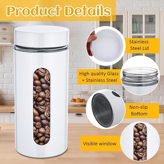 6 Pack Kitchen Canisters Set Airtight Coffee Sugar Tea Storage Jars with Window Glass Stainless Steel Containers with Lids for Flour Cookies Spices Grains Kitchen Decorations(White,44 oz)