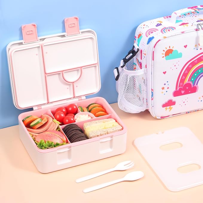 rockpapa Chill Bento Box for Kids- Large 5.5 Cups Lunch Box with Ice Pack - 5 Compartments, BPA-Free, Leak Proof, with Utensils & Portable Handle, Microwave/Dishwasher Safe (White Rainbow)