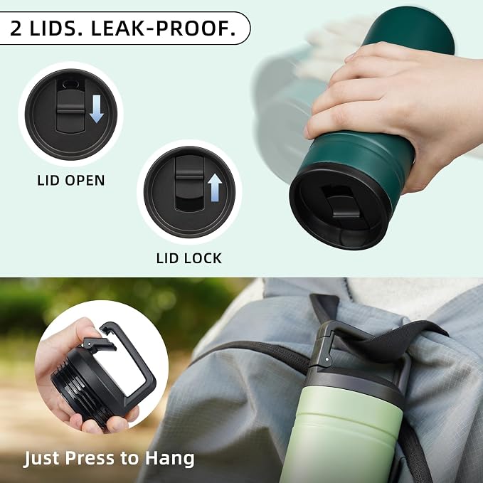 BJPKPK 20 oz Insulated Travel Water Bottle, Coffee Tumbler Stainless Steel | Double Wall Vacuum, Leakproof, Thermal, Keeps Hot/Cold, Dishwasher Safe, Spill Proof, Wide Mouth, 2 Lids, Dark Green