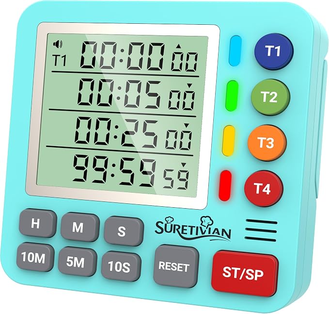 Digital Kitchen Timer with 4 Channel, Loud Alarm and Silent Mode | Magnetic Cooking Timer with Count Up & Countdown for Kids and Seniors, Large Display to Read, Auto Memory, Battery Included