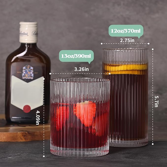 Moretoes Ribbed Drinking Glasses Set of 12,Water Glass Cups | Mixed Glassware Set,6 Highball Glasses 12 Oz, 6 Rocks Glass 13 Oz, Kitchen Bar Tumbler for Wine, Juice, Ice Coffee, Whiskey