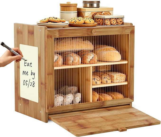 HOOMESUN Bread Box, Large Bread Storage Organizer for Kitchen Counter | Bamboo wood construction，Clear acrylic window，Farmhouse vintage style，Pantry and cabinet storage