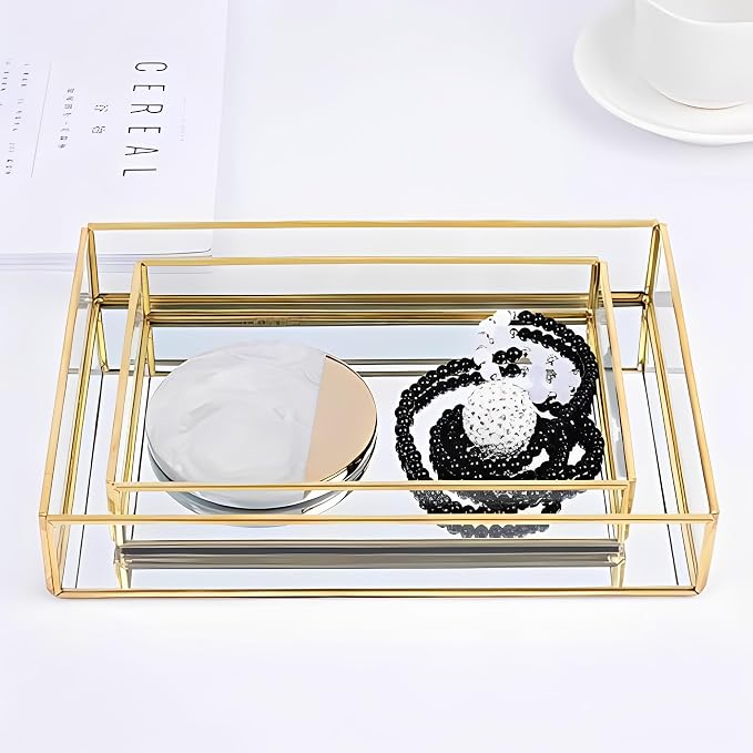 Sooyee Gold Square Mirror Tray, 8"x8" Metal and Glass Decorative Tray for Jewelry, Perfume, Makeup, Vanity, Dresser, Bathroom, Bedroom, Office, Coffee Table