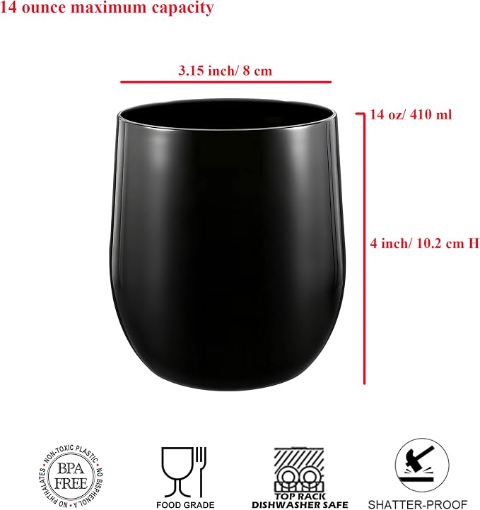 14-ounce Plastic Stemless Wine Glasses, All Purpose Arcylic Glasses, set of 6 Black Reusable Shatter-resistant Dishwasher Safe