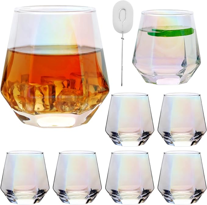 Diamond Wine Glasses Set of 8, Iridescent Stemless Wine Glass 10oz | Geometric Christmas Red Wine Glassware, White Wine Party Glass Cups, Bourbon, Whiskey, Wedding