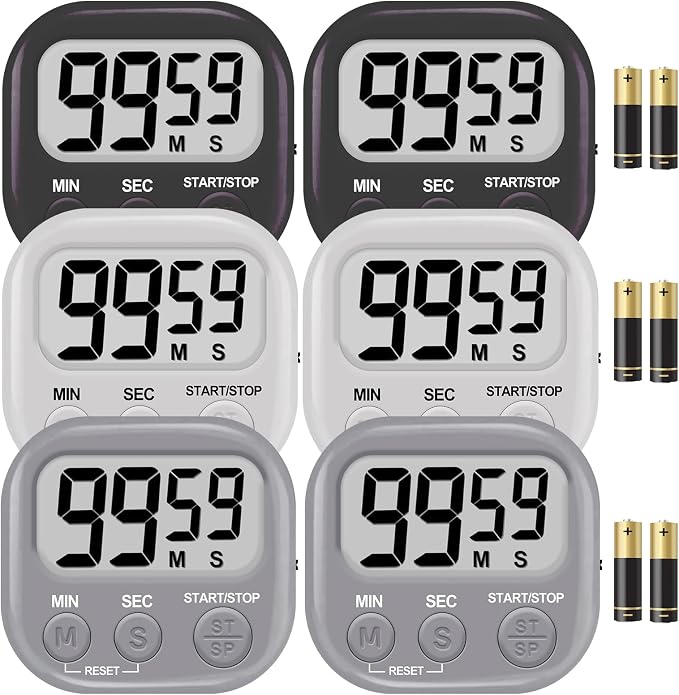 6-Pack Digital Kitchen Timer, 99-Min 59-Sec Countdown & Stopwatch, Loud 100dB Alarm, Strong Magnet, Power-Saving On/Off Switch, Time Memory, Classic Colors, Multiple Placements, Batteries Included