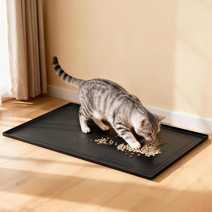 Under Sink Mat 34" X 22", Waterproof Silicone Cabinet Kitchen Liner, Black | BPA-Free Raised-Edge Cabinet Protector & Leak Tray for Bathroom Cabinets, Boots, Pet Feeding Dog & Cat Mats, Dishwasher Safe