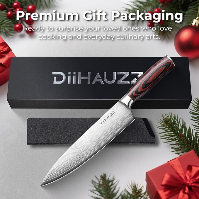 DiiHAUZZ 8 Inch Chef Knife, High Carbon Stainless Steel Kitchen Knife | Ultra Sharp 12-15° Edge, Ergonomic Handle, No Crack No Shrink Pakkawood, Great Edge Retention, 59HRC, Sheath & Gift Box