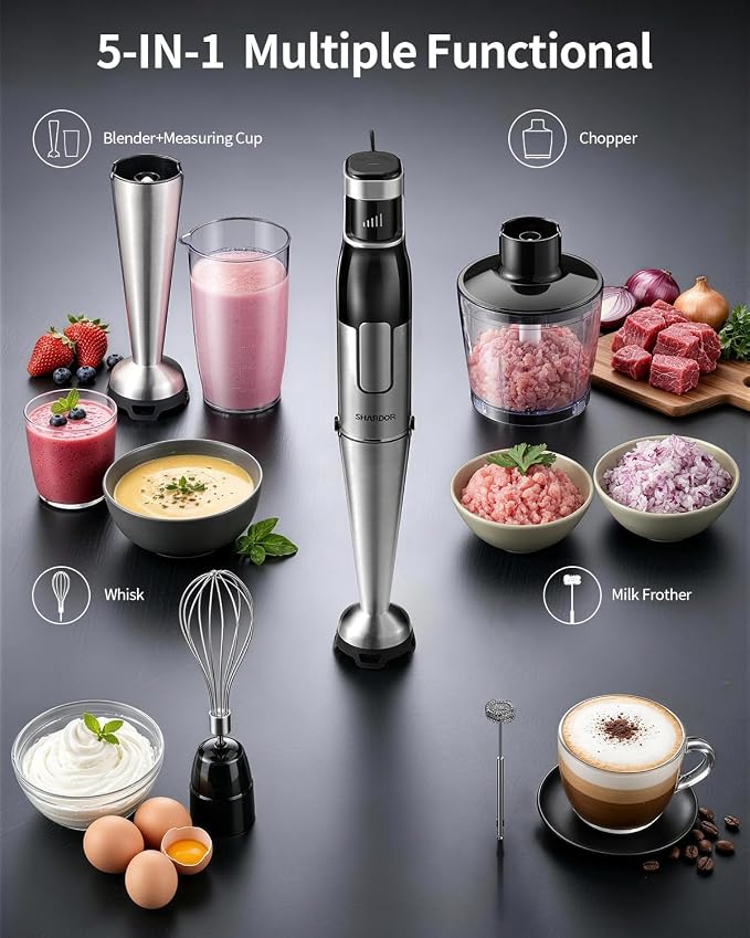 SHARDOR Immersion Blender Handheld, 1100W Hand Blender with Variable Speed, 5-in-1 Stick Blender Stainless Steel Shaft with Chopper, Whisk, Frother & Beaker for Soup, Sauces, Smoothies, Baby Food