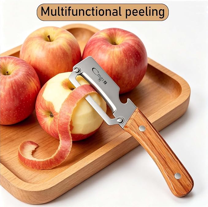 Left-Handed Vegetable Peeler Wooden Stainless Blade for Fruit Potato | Multifunctional,Thickened Sharp Stainless Blade,Anti-slip,Zero Snag,Built-in Bottle Opener for Carrot Pumpkin Sugarcane
