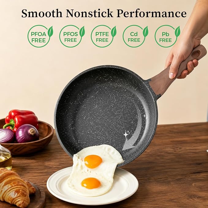 YASHE 10 Inch Granite Nonstick Frying Pan, Induction Ready, Non-Toxic | PFOA/PFOS Free Scratch Resistant with Stay-Cool Handle Omelette Pan for All Stovetops