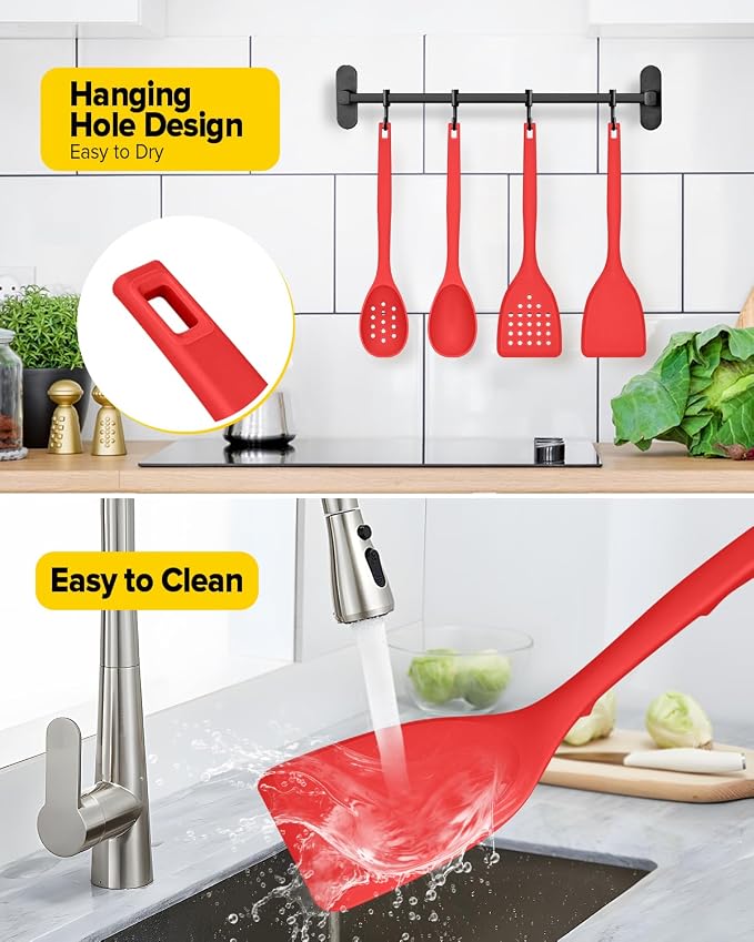 Pack of 4 Silicone Cooking Utensils Set, Non Stick Solid Spatulas and Heat Resistant Slotted Spoons with Back Hooks, Ideal BPA Free Kitchen Utensils Set for Frying,Serving,Turning,Stirring (RED)