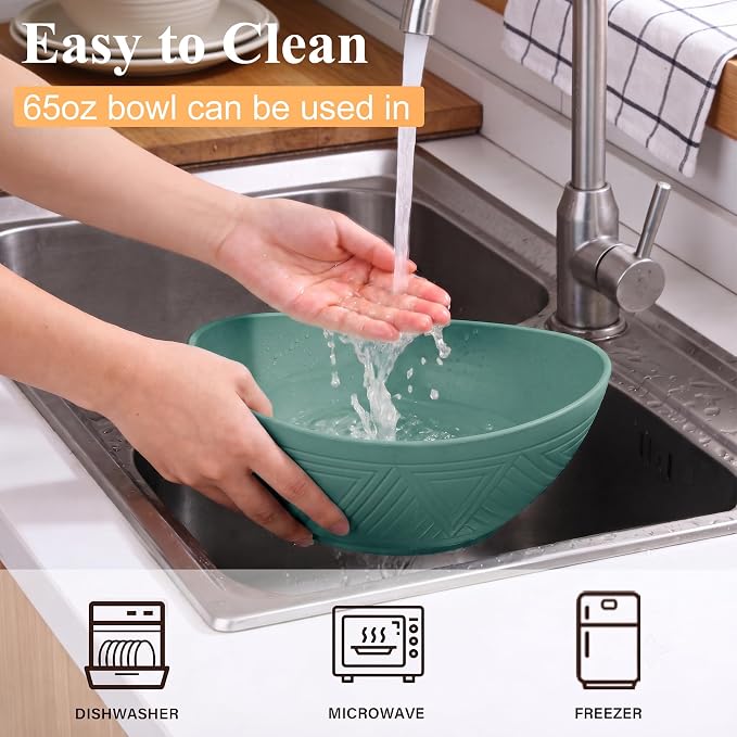 Large Salad Bowls 65 OZ - Wheat Straw Bowl Unbreakable Large Capacity Serving Bowl for Chips, Popcorn, Microwave & Dishwasher Safe Kitchen Bowls for Camping, Party, Big Cereal Bowl (Green)
