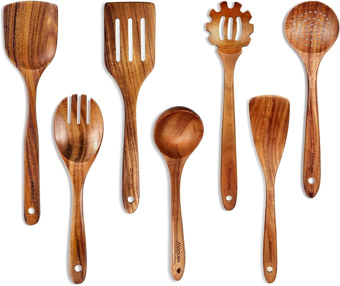 Mooues Wooden Kitchen Utensil Set, 12 Piece Natural Teak with Spoon Rest | Wooden Cooking Utensils with Comfort Grip, Smooth Durable Heat Resistant Cooking Spoons and Utensils Holder for Cooking
