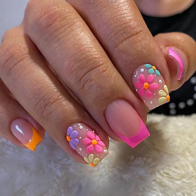 Colorful Flower Press on Nails Muti-Layer Gel Thick Handmade Press on Nails Short Square Acrylic Nails Spring Summer False Nails Full Cover Rose Pink Glossy Acrylic False Nails for Women (M)