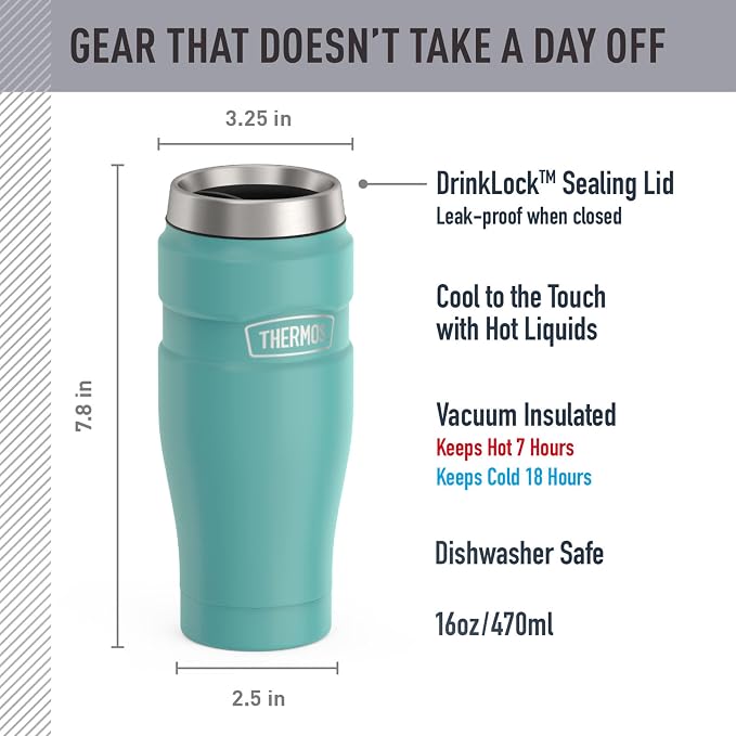 THERMOS Stainless King Stainless Steel Tumbler, 16oz, Matte Teal | Vacuum-Insulated Coffee Tumbler for Hot & Cold Drinks, For Commuting & Traveling