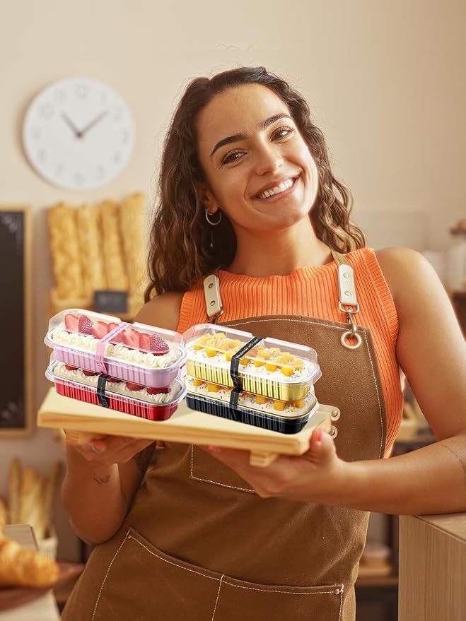 NEEBAKE 150 Pack 6.8 oz Disposable Mini Loaf Pans with Lids and Spoons - 6.5x2.5x1.2 Mixed Color Aluminum Loaf Pans, Small Aluminum Tin Foil Baking Pan, Food Containers for Baking, Cakes, Bread