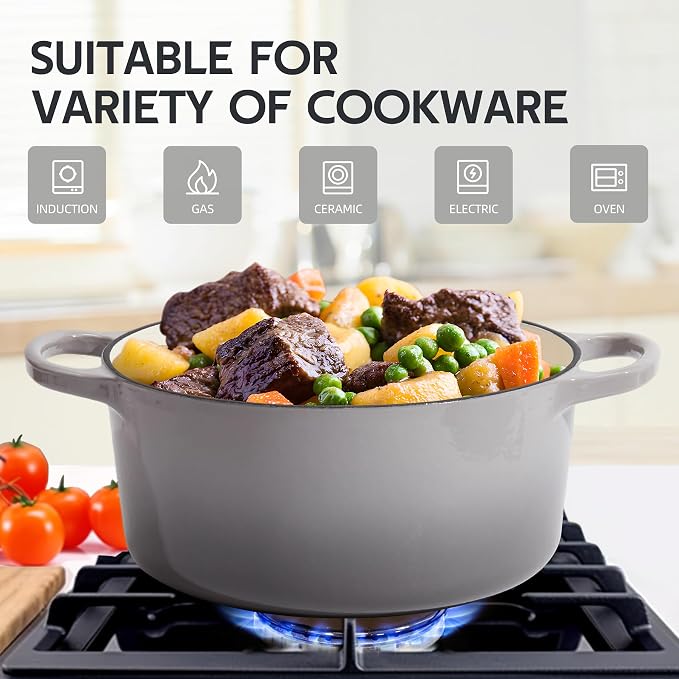 6 Quart Dutch Oven Enameled Cast Iron with Lid - Big Dual Handles - Oven Safe up to 500°F - Classic Round Pot for Versatile Cooking (Light Gray, 6 QT)