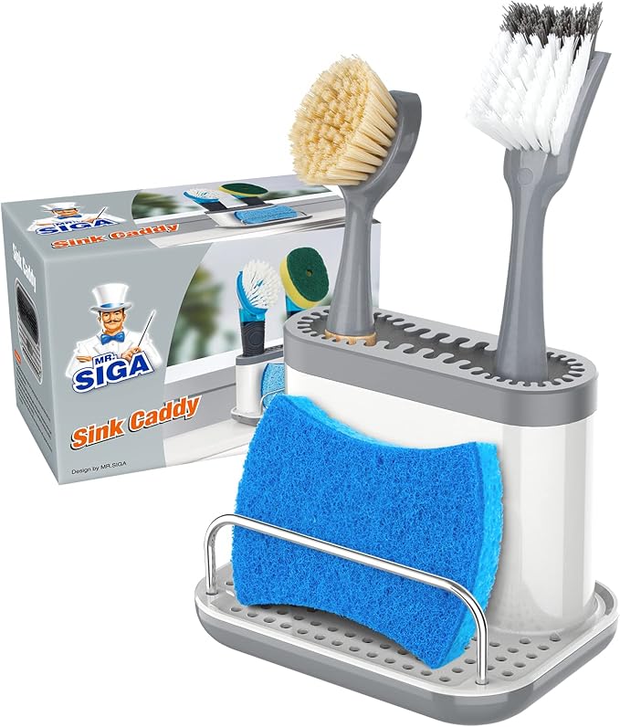 MR.SIGA Sink Caddy, Kitchen Sink Organizer Sponge Holder with Drip Tray | Kitchen sink caddy organizer, keeps sink tidy