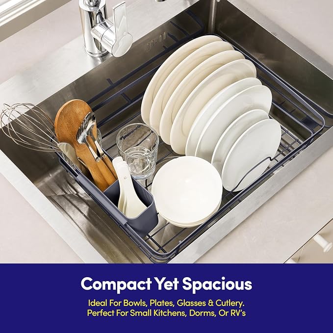 Dish Drying Rack 3 Piece Dish Drainer with Drainboard Set for Kitchen Counter – Dish Rack with Removable Utensil Holder & Swivel Spout for Countertop – DishRack for Plates, Cups & More, Gray